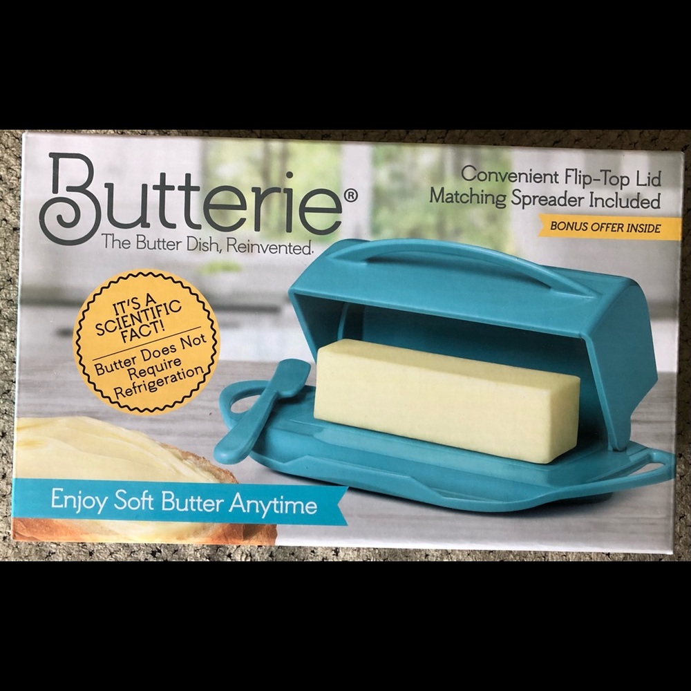 New Butterie The butter dish brand new in original box. Color is Turquoise